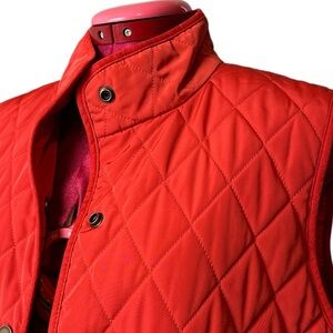 Talbots poppy-red lined quilted vest pockets snap closure stand-up collar